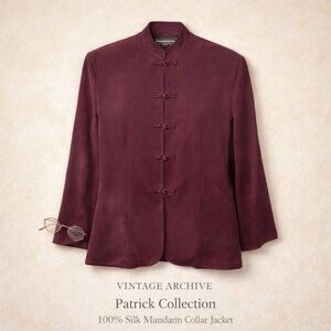 Vintage Patrick Collection Silk Mandarin Collar Jacket Burgundy Frog Closure 8